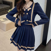 2021 New Sweet Women Suits Spring Autumn Pretty Style Double Breasted Bow Blouse High Waist Pleated Skirt Fashion Two Piece Set