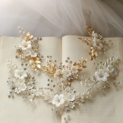 ✤﹉✁ Wedding Hair Accessories Porcelain Flower Headband Headpiece Leaf Hairband Brides Crystal Rhinestones Tiara Crown Bridal Jewelry