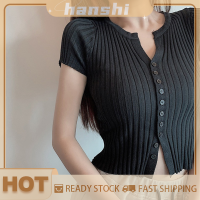 hanshi [2023 new HOT FASHION] lazlook เสื้อยืดถักแขนสั้นเสื้อครอปเข้ารูปโครงแข็งเสื้อยืดรุ่นพื้นฐาน