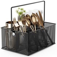 Cutlery Storage Basket Metal Basket with 4 Compartments, Mesh Flatware Holder Organizer Perfect for Home, Kitchen, Party, Camping