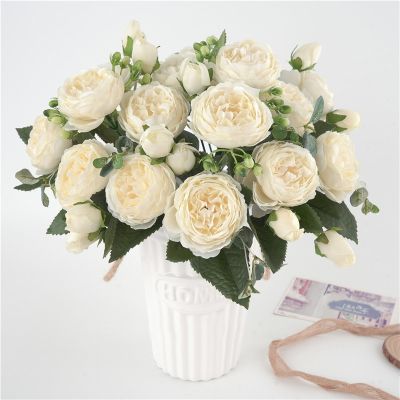 30cm Rose White Silk Peony Artificial Flowers Bouquet 5 Big Heads 4 Small Bud Cheap Fake Flowers for Wedding Home Decoration