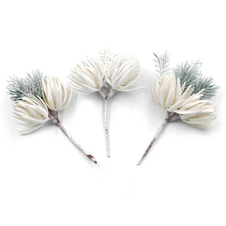 1-3-5-10ชิ้นเข็มไม้สนเทียมช่อพืชปลอมวัสดุดีไอวายทำมือตกแต่งบ้านชุดถ่ายภาพงานแต่งงานเข็มสนสีขาวเงิน