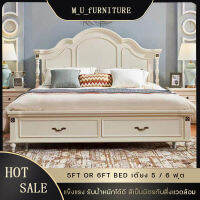 【MEET_U FURNITURE】Antique white 1.8m or  1.5m solid wood bed  เตียงไม้สไตล์อเมริกัน เตียงขนาด 5/ 6ฟุต