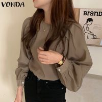 【On Clearance】VONDA Women Round Neck Korean Casual Solid Color Long Sleeve Pleated Blouse