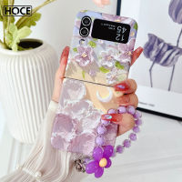 HOCE เคสโทรศัพท์ภาพดอกไม้แฟชั่นสำหรับ Samsung Galaxy Z Flip5 Z พลิก4พลิก3เคสที่มีสายโซ่ไข่มุกน่ารักเคสป้องกันที่ยึดมือสำหรับ Zflip5 Zflip3 Zflip4