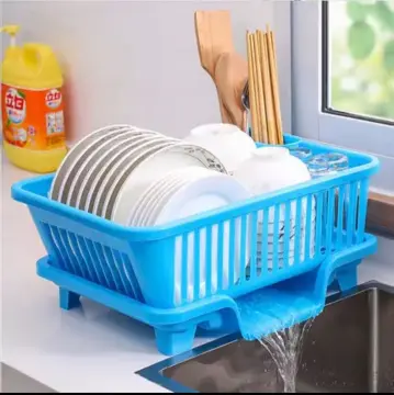 Blue Pink Plastic Kitchen Dish Bowl Plate Drying Utensils Rack