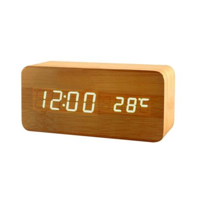 【Worth-Buy】 นาฬิกาปลุกไม้ Led นาฬิกาวัดอุณหภูมิ Morden นาฬิกาตารางดิจิตอลควบคุมเสียงพร้อมปฏิทินสำหรับสำนักงานห้องนอน