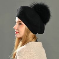 Autumn Winter Berets Hat Women Casual Knitted Wool Beret with Real Raccoon Fur Pom Pom Ladies Angola Cashmere Beret Hat Female