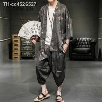 ☎♟❖ 2 pçs conjunto de roupas japonesas quimono impresso yukata fumegante usar pijamas homem roupão camisola japão tamanho grande solto terno