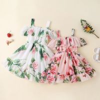 FOCUSNORM 8 Colors Summer Princess Kids Girls Dress 1-6Y Flowers Printed Short Sleeve Off Shoulder Ruffles A-Line Chiffon Dress  by Hs2023