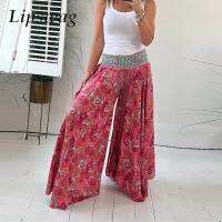 Summer Women Fashion Beach Loose Pantskirt Vintage Ethnic Style Print Bohemia Long Pants Female Casual Wide Leg Sports Trousers