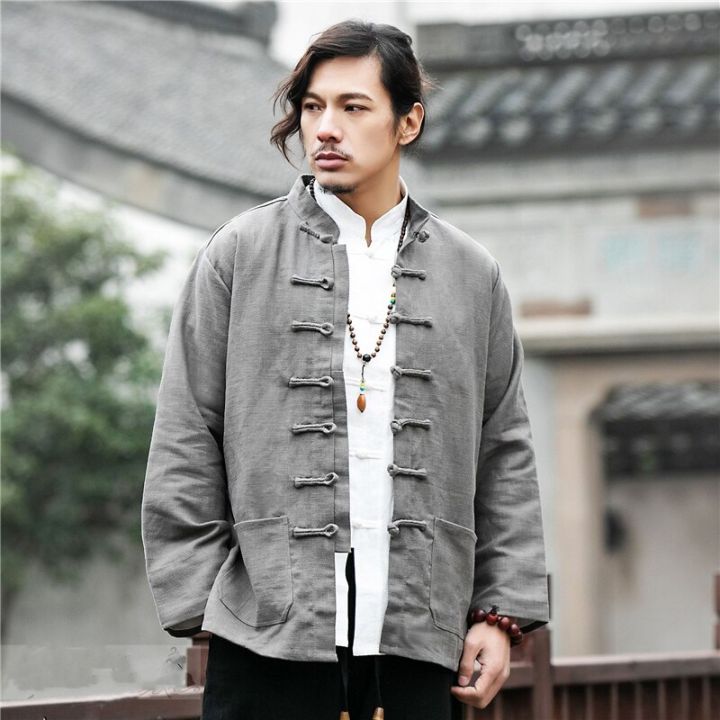 เสื้อแจ็คเก็ตคอจีนสำหรับผู้ชายเสื้อคอจีนแมนดารินเสื้อเรโทรเสื้อสไตล์ไทจีน