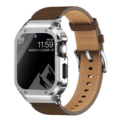 Metal Case+Genuine Leather Strap For Apple Watch Band 44mm 45mm 40mm 41mm 45 mm bracelet iwatch series se 8 7 6 5 4 ultra 49mm Straps