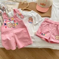 2023 New In Kids Baby Girls Short Sleeve Top T-shirts Pink Strap Overalls or Cute Shorts Children Infant Cartoon Bear Series