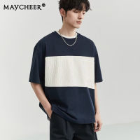 MAYCHEER   เสื้อยืดแขนสั้นผู้ชาย,เสื้อยืดคอกลมแขนครึ่งหลวมความรู้สึกดีไซน์ใหม่