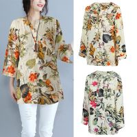 [COD] 2022 European and Size Womens Floral Print V Neck 3/4 Sleeves Shirt Tunic