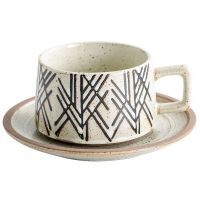 Genuine Original High-end Stone pottery embossed coffee cup and saucer set Japanese retro ceramic latte cup creative high-end exquisite afternoon tea cup