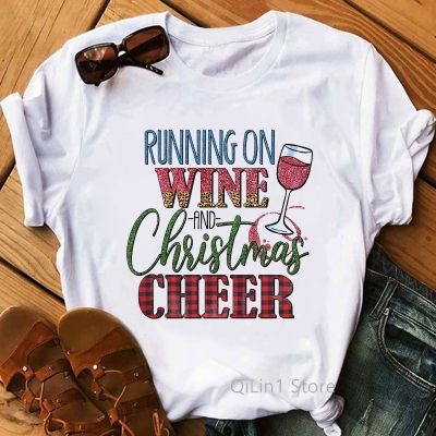 Glitter Running On Wine And Christmas Cheer Graphic T Shirts Festival T-shirt Femme Xmas Tee Holiday New Year Gift Santa