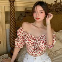 Female Summer Floral Thin One-shoulder Lace-up Short Square Neck Short Sleeve Top Chiffon Shirt