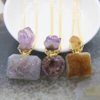 Natural AmethystsCitrines Druzy Personalized Perfume Bottle Necklace Charms Pendants,Crystal Quartz Essential Oil Diffuser