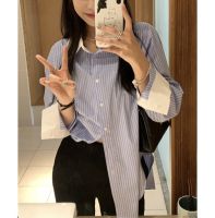 ❆▫❒ Blue and white striped color contrast shirt womens 2023 spring and summer thin section niche design high-end French style loose sunscreen top