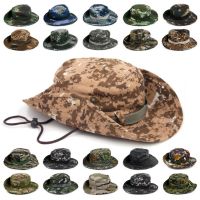 【cw】Men Womens Outdoor Wide Brim Boonie Hat Side Snap Chin Cord Summer Fishing Hiking Sun Cap Camouflage Safari Jungle Hunting Hats