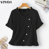 VONDA เสื้อเสื้อมีกระดุมแขนสั้นผู้หญิงเฉียงสีทึบสง่างาม (ดอกไม้เกาหลี) #2