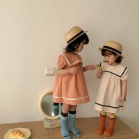 2022 New Summer Kids Girls Dress Sailor Collar Short Puff Sleeves Apricot Orange Princess Dresses Child Navy Style Clothes E1024  by Hs2023