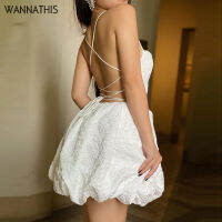 Wannathis ชุดปาร์ตี้ผู้หญิงเซ็กซี่ backless จีบ camisole ชุดฤดูร้อน2021 MINI Elegant สีขาว A-Line ชุด ruched Hem