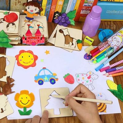 Montessori Educational Toys for Children Kids Painting Drawing Toys Wooden DIY Template Stencils Learning Christmas Gift