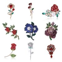 QUEENOATH Sparkling Classic Big Rhinestone Rose Flower Brooches Gold Red Party Office Corsage Pin Gifts For Women