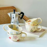 Ins Korean cute cream color hand pinched ceramic mug girl heart hand-painted flowers oatmeal yogurt coffee cup 【Boutique】❇❀◙