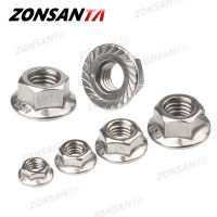 ZONSANTA น็อตหน้าแปลนหกเหลี่ยม 304 สแตนเลสหกเหลี่ยม M3 M4 M5 M6 M8 M10 M12 M16 M20 DIN6923 Pinking Slip Locking Lock Nuts-SJK STORE