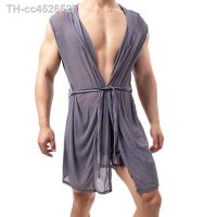 ◙ Homens roupão de banho pijamas terno sexy ver através roupa interior sleepwear início casual solto seda com capuz frénulo quimono