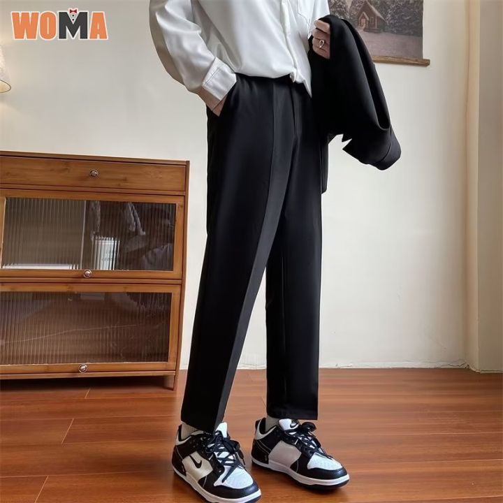woma-กางเกงทรงตรงสำหรับผู้ชาย-กางเกงสูทสีดำกางเกงขาม้าถึงข้อเท้าทรงหลวมกางเกงสำหรับสูทผู้ชาย