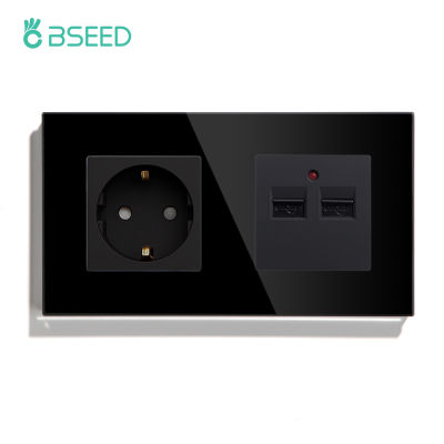 BSEED Double USB Charger With EU Standard Socket Wall Socket White Black Gloden Crystal Glass Panel 100V-240V