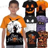 【In Stocks】halloween Pumpkin Skeleton T-Shirt for Boys Girls 3D Printed Tops Round Neck Anime Version Kids Daily Shirts