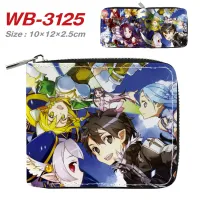 Sword Art Online เสื้อยืดแบบพับสองด้าน/ซิปสำหรับกระเป๋าเงินใส่เหรียญทรงสั้น Dompet Koin การ์ตูน Dompet Koin กระเป๋าสตางค์ลายการ์ตูนสำหรับเด็กหญิงเด็กชายชายและหญิงที่จับบัตรคลิปหนีบเงินหนัง PU 0000