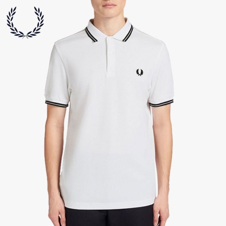 fred-perry-เสื้อโปโลข้าวสาลี-fred-perry-สำหรับผู้ชายปกคอเสื้อแขนสั้นลำลอง-fp-laurel-เสื้อยืด-pual-เย็บปัก