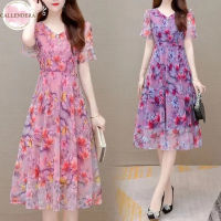 Women Sweet Floral Printing A-line Skirt Summer Milk Silk Large Size Short Sleeves V Neck Dress