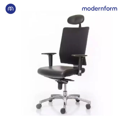 Modernform เก้าอี้สำนักงาน เก้าอี้ทำงาน เก้าอี้ออฟฟิศ เก้าอี้พนักพิงสูง นั่งทำงานอย่างเพลิดเพลินแสนสบาย พักทุกสัดส่วนของร่างกายในยามที่ต้องการ แขนปรับระดับได้  ขาทำจากอะลูมิเนียมปัดเงา ที่นั่งโพลียูรีเทรนโฟม หุ้มด้วยหนังแท้ พนักหุ้มผ้าตาข่ายดำ รุ่น PI