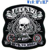 ตัวรีดติดหลังเสื้อขนาดใหญ่ 10*10.7"นิ้ว Lucky 7 Spade Skull Biker MC Iron On Vest Jacket Patch