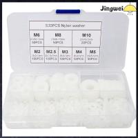 JINGWEI 520Pcs M2 M2.5 M3 M4 M5 M6 M8 M10 เครื่องซักผ้าไนลอน สีขาวขาว ขนาด8นิ้ว ชุดเครื่องซักผ้าแบน แหวนรองสกรู กลมกลมๆ แหวนปิดผนึก การเชื่อมต่อไฟฟ้า