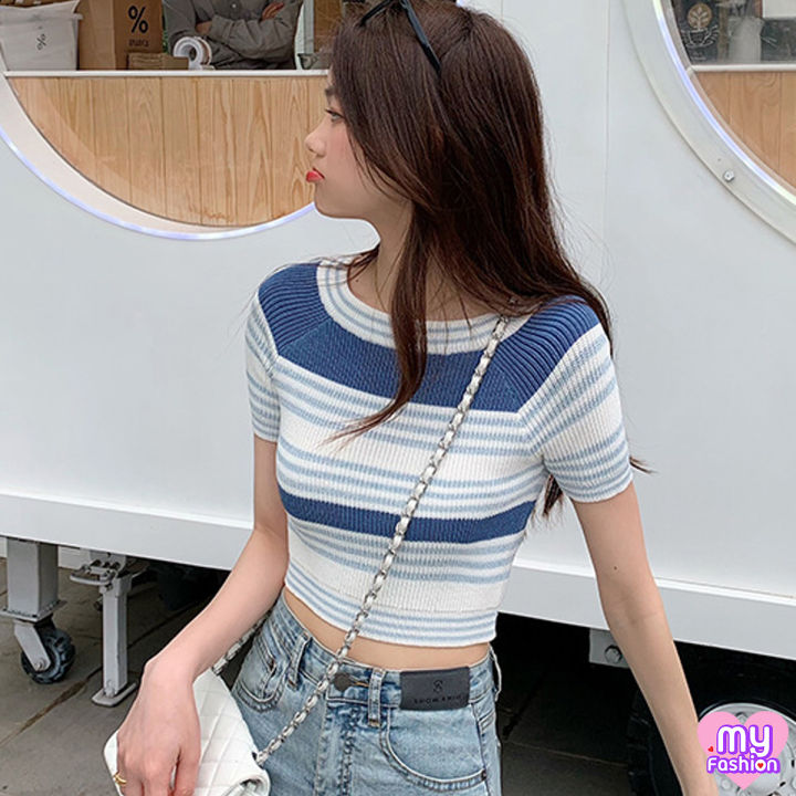 myf-มาใหม่-เสื้อยืดลายทางแบบทูโทน-ผ้าไหมพรมเข้ารูป-2-สี