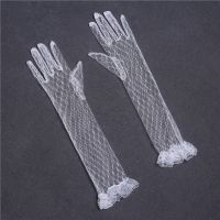 ♘™ Long Sheer Tulle Gloves Wedding Bridal Dress Lace Gloves Fashion Transparent Ultra Thin Mitten Bridal Elbow Long Wedding Gloves