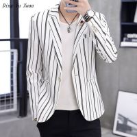 ZZOOI Mens Khaki Black White Striped Blazer Men Wedding  Dress Suit Jacket Korean Style Men Formal Business Casual Blazer Hombre