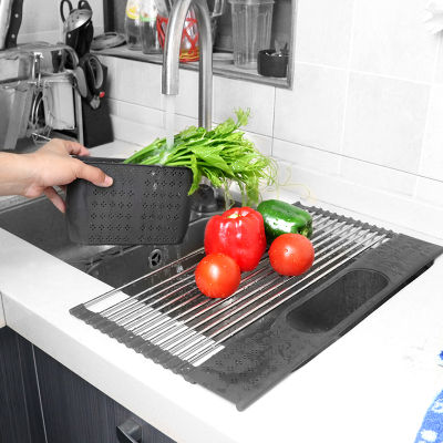 Kitchen Dish Drying Rack Over Sink Food Dish Rack Drainer Foldable Steel Vegetable Fruit Strainer Basket for Sink Kitchen Holder