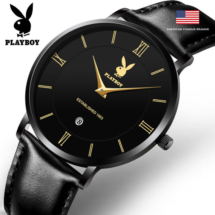 playboy-นาฬิกาผู้ชายบางพิเศษ-ของแท้100-นาฬิกาหนังแท้สองหน้าปัดเรียบง่ายกันน้ำพร้อมกล่องของขวัญ