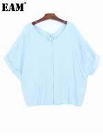 [EAM] Women Light Blue Back Knot Big Size Casual T-shirt New V-Neck Batwing Sleeve Fashion Tide Spring Summer 2023 1DF6238