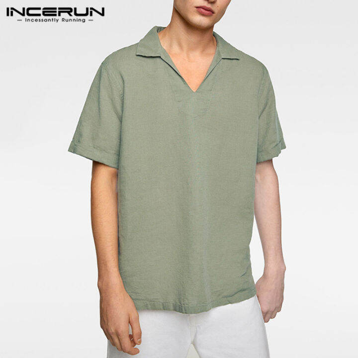 incerun-เสื้อผู้ชายแขนสั้นผ้าลินินผ้าฝ้าย-henley-เสื้อลำลองหลวมสีทึบเสื้อยืดเสื้อยืด-ลดล้างสต๊อก